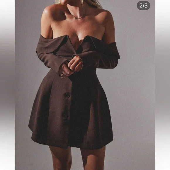 Odd Muse The Ultimate Muse Button Up off shoulder long sleeve Mini Dress Brown - Picture 7 of 9